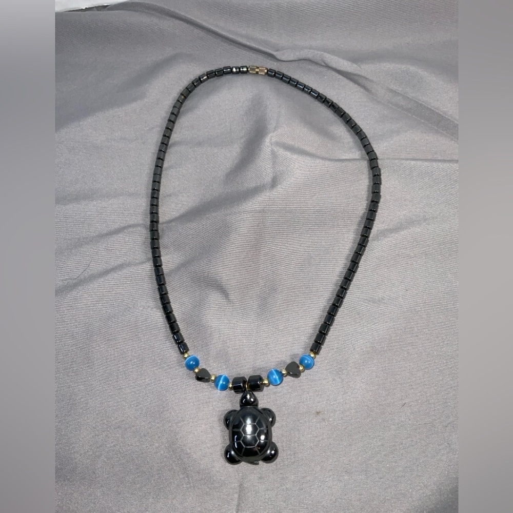 Black Hematite Necklace Sea Turtle Pendant Charm Unisex 18”